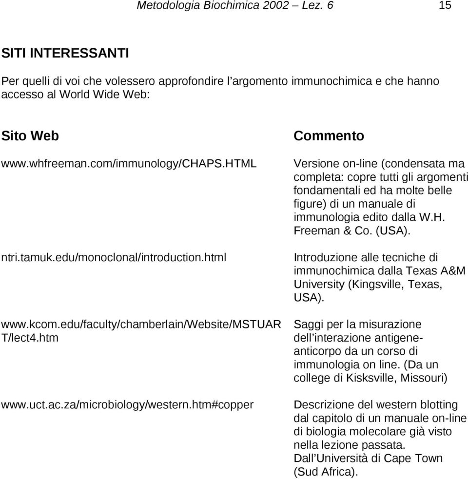 htm#copper Commento Versione on-line (condensata ma completa: copre tutti gli argomenti fondamentali ed ha molte belle figure) di un manuale di immunologia edito dalla W.H. Freeman & Co. (USA).