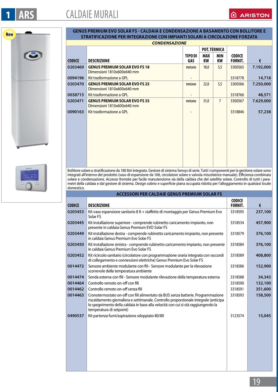 192,000 Dimensioni 1810x600x640 mm 0094196 Kit trasformazione a GPL - 3318778 14,718 0203470 GENUS PREMIUM SOLAR EVO FS 25 metano 22,0 5,5 3300566 7.