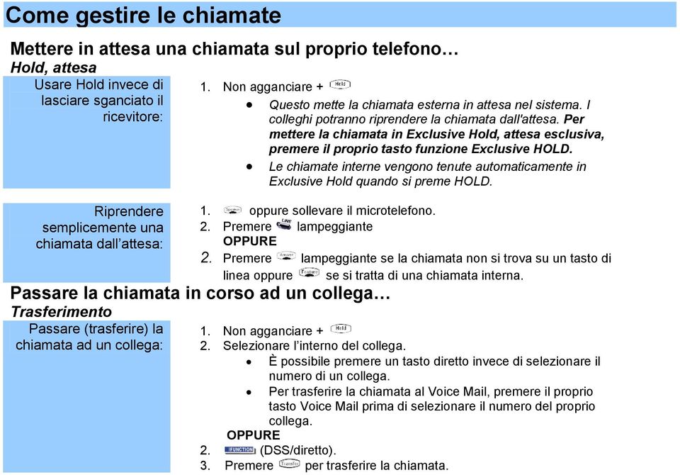 Per mettere la chiamata in Exclusive Hold, attesa esclusiva, premere il proprio tasto funzione Exclusive HOLD.