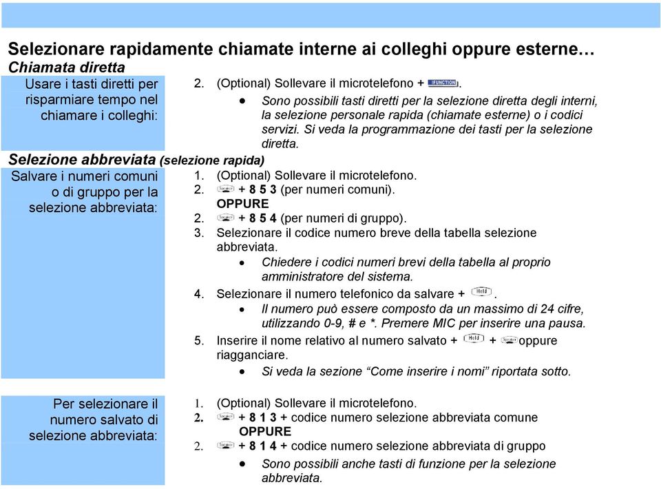 Sono possibili tasti diretti per la selezione diretta degli interni, la selezione personale rapida (chiamate esterne) o i codici servizi. Si veda la programmazione dei tasti per la selezione diretta.