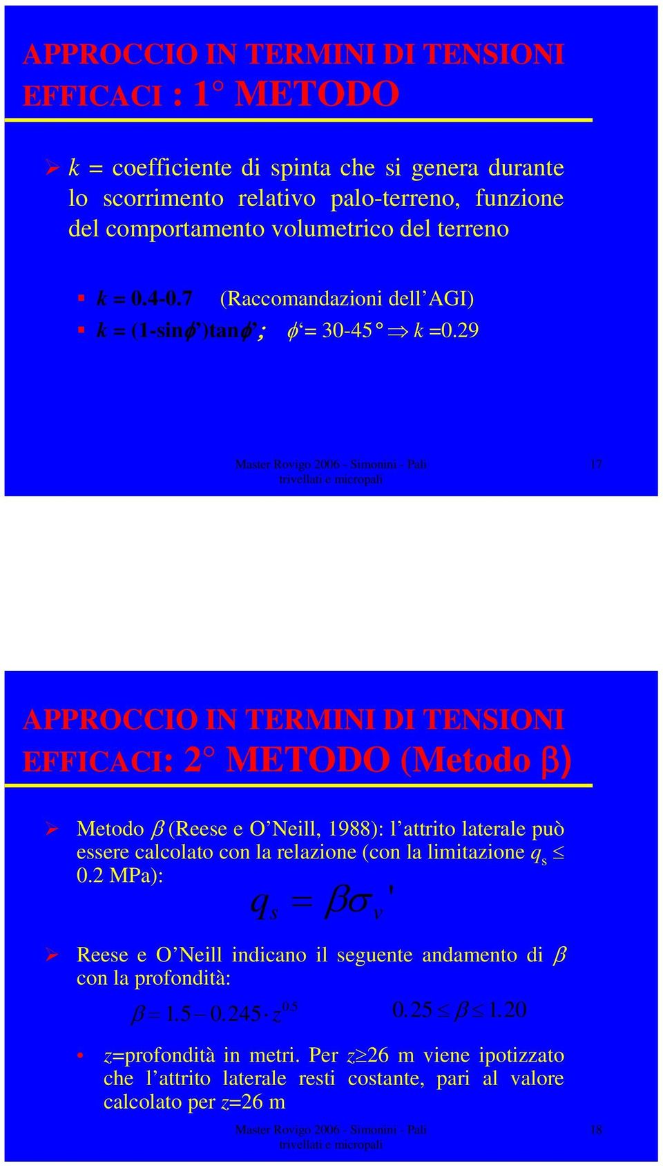 29 17 APPROCCIO IN TERMINI DI TENSIONI EFFICACI: 2 METODO (Metodo β) Metodo β (Reese e O Neill, 1988): l attrito laterale può essere calcolato con la relazione (con la