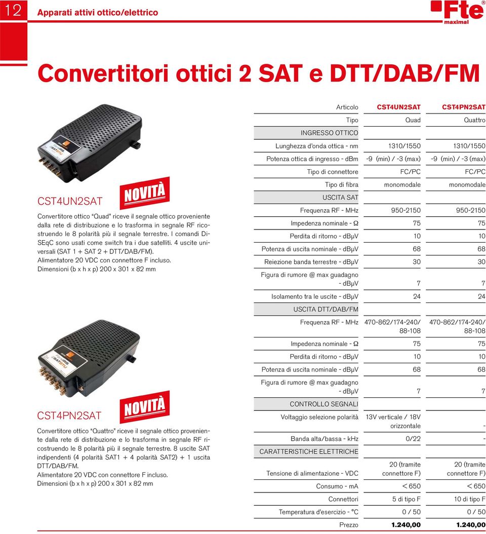 polarità più il segnale terrestre. I comandi Di- SEqC sono usati come switch tra i due satelliti. 4 uscite universali (SAT 1 + SAT 2 + DTT/DAB/FM). Alimentatore 20 VDC con connettore F incluso.