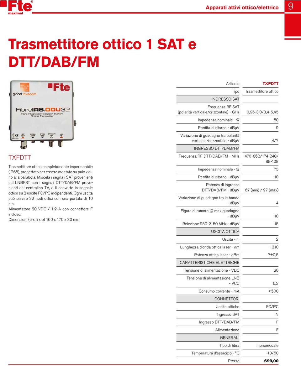 Ogni uscita può servire 32 nodi ottici con una portata di 10 km. Alimentatore 20 VDC / 1,2 A con connettore F incluso.