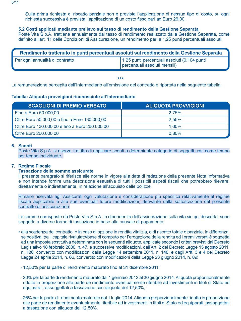 trattiene annualmente dal tasso di rendimento realizzato dalla Gestione Separata, come definito all art. 11 delle Condizioni di Assicurazione, un rendimento pari a 1,25 punti percentuali assoluti.