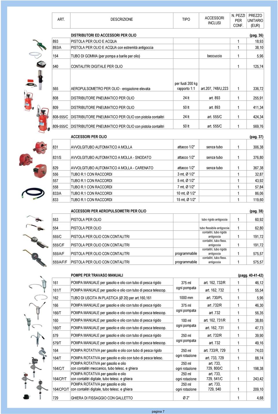 565 AEROPULSOMETRO OLIO - erogazione elevata rapporto 1:1 art.207, 748/U,223 1 336,72 808 DISTRIBUTORE PNEUMATICO OLIO 24 lt art. 893 1 255,91 809 DISTRIBUTORE PNEUMATICO OLIO 50 lt art.