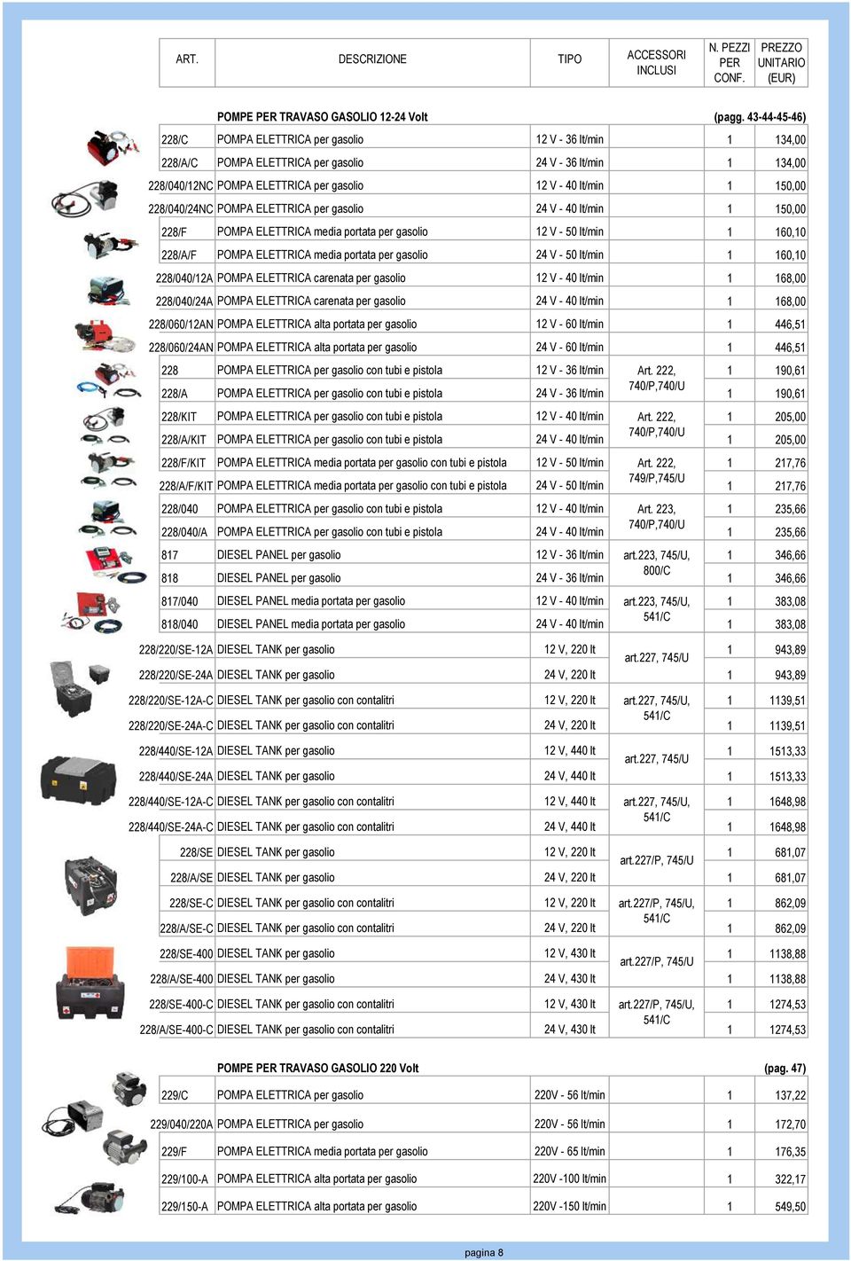 150,00 228/040/24NC POMPA ELETTRICA per gasolio 24 V - 40 lt/min 1 150,00 228/F POMPA ELETTRICA media portata per gasolio 12 V - 50 lt/min 1 160,10 228/A/F POMPA ELETTRICA media portata per gasolio