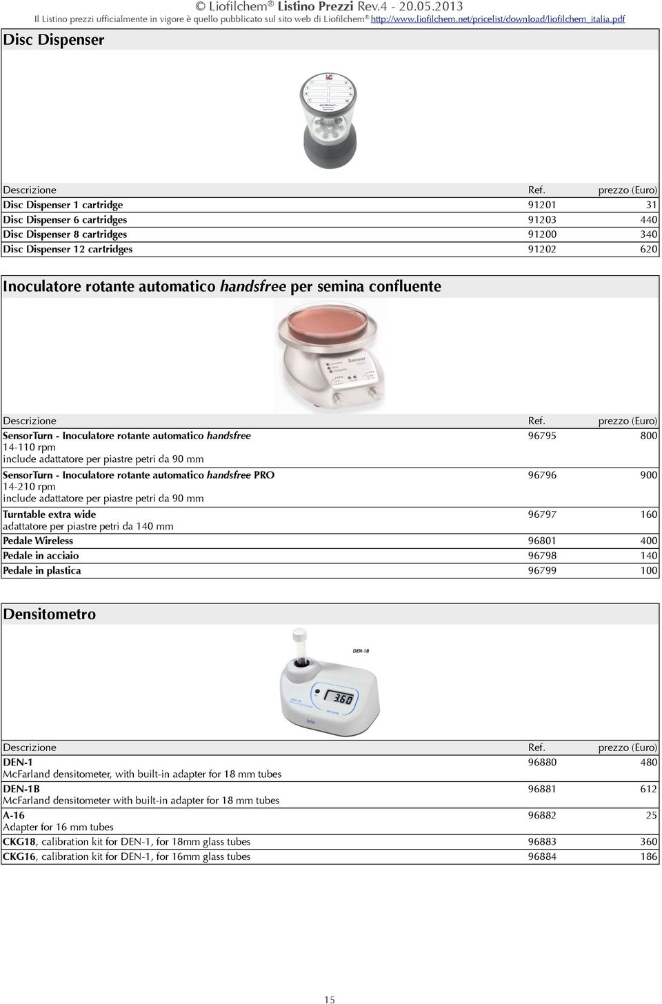 91201 91203 91200 91202 prezzo (Euro) 31 440 340 620 Descrizione SensorTurn - Inoculatore rotante automatico handsfree 14-110 rpm include adattatore per piastre petri da 90 mm Ref.