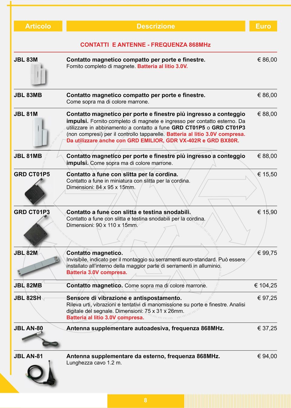 0V compresa. 88,00 JBL 81MB & &A S&A impulsi. Come sopra ma di colore marrone. 88,00 GRD CT01P5 A &A S&A S&A S&A S&A S&A Contatto a fune con slitta per la cordina.