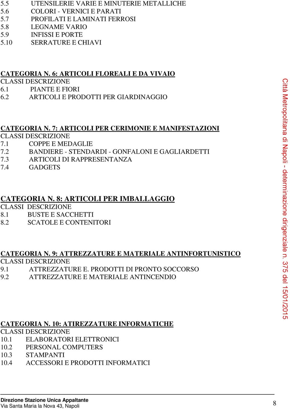 2 BANDIERE - STENDARDI - GONFALONI E GAGLIARDETTI 7.3 ARTICOLI DI RAPPRESENTANZA 7.4 GADGETS CATEGORIA N. 8: ARTICOLI PER IMBALLAGGIO 8.1 BUSTE E SACCHETTI 8.2 SCATOLE E CONTENITORI CATEGORIA N.