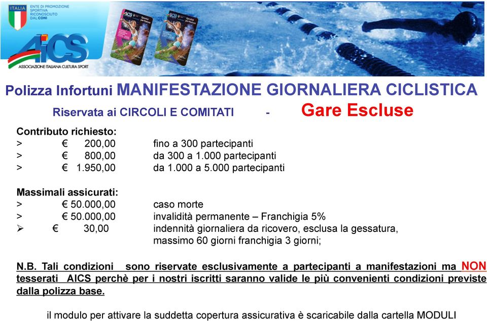 000,00 invalidità permanente Franchigia 5% Ø 30,00 indennità giornaliera da ricovero, esclusa la gessatura, massimo 60 giorni franchigia 3 giorni; N.B.