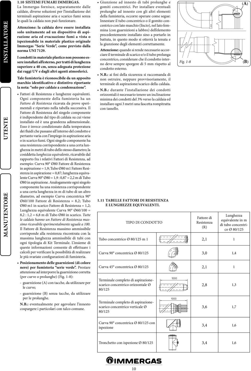 Attenzione: la caldaia deve essere installata solo unitamente ad un dispositivo di aspirazione aria ed evacuazione fumi a vista o ispezionabile in materiale plastico originale Immergas Serie Verde,