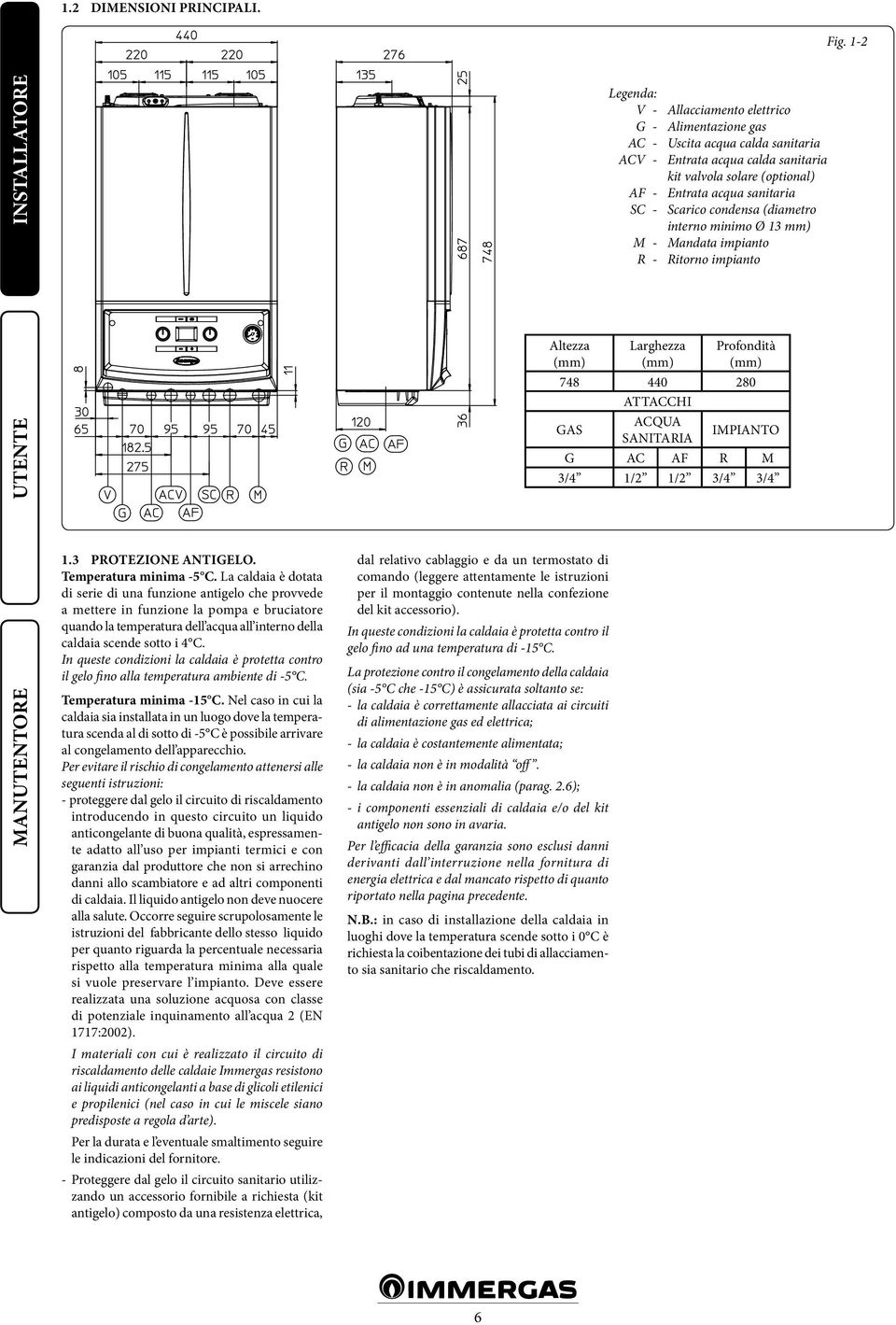 sanitaria SC - Scarico condensa (diametro interno minimo Ø 13 mm) M - Mandata impianto R - Ritorno impianto Altezza (mm) Larghezza (mm) Profondità (mm) 748 440 280 ATTACCHI GAS ACQUA SANITARIA