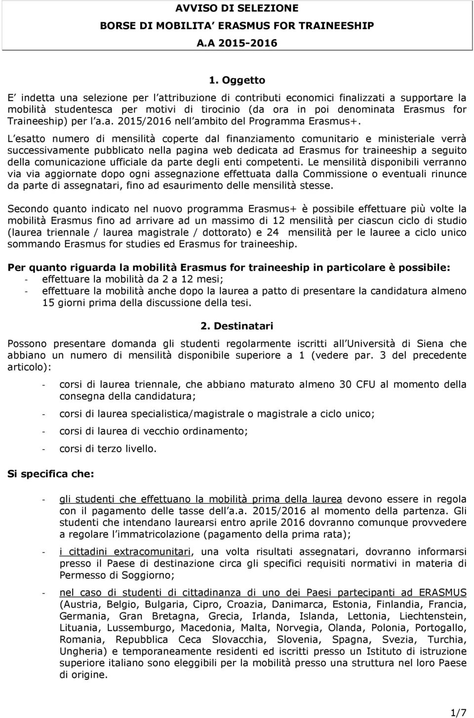 per l a.a. 2015/2016 nell ambito del Programma Erasmus+.