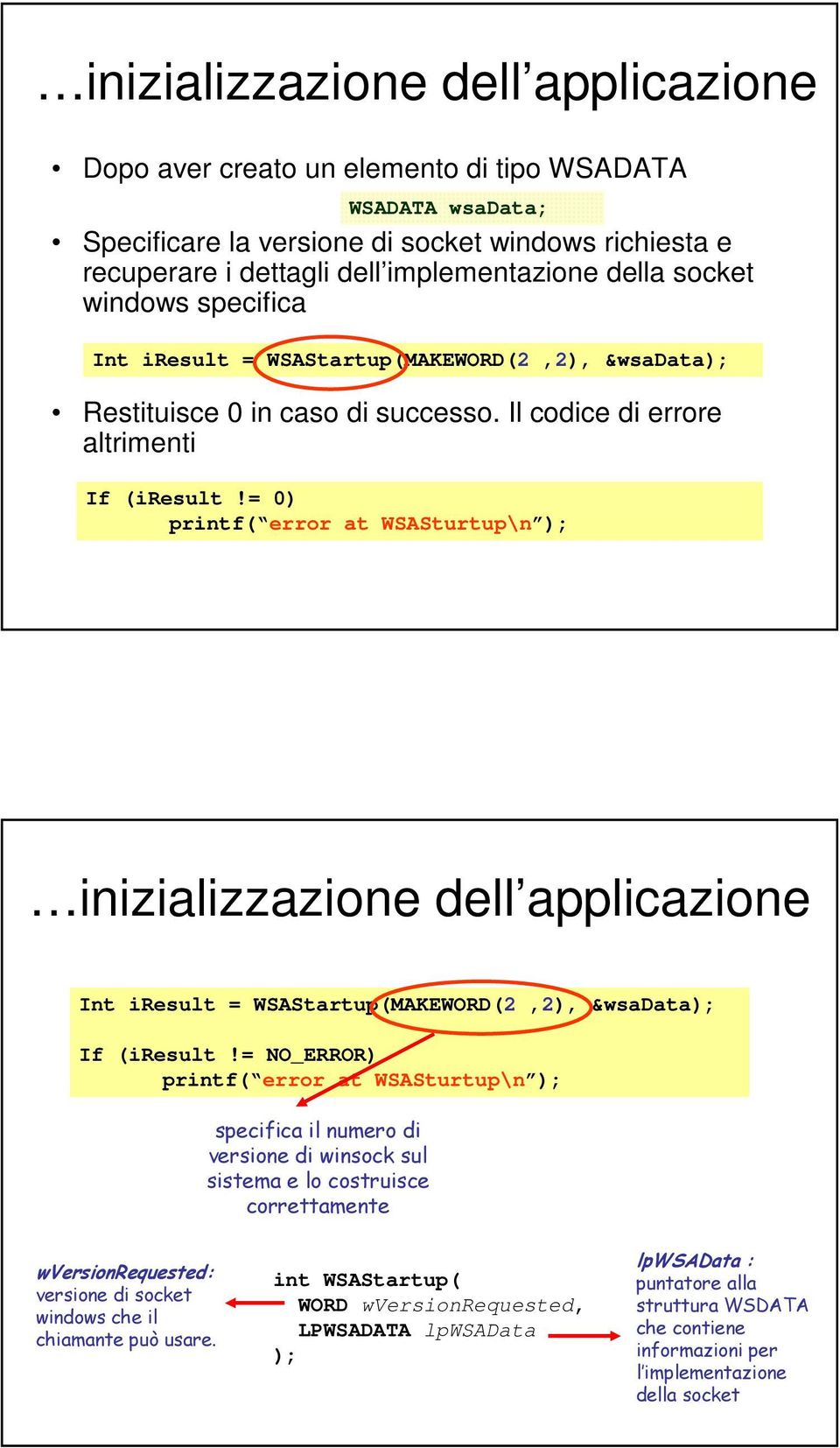 = 0) printf( error at WSASturtup\n ); inizializzazione dell applicazione Int iresult = WSAStartup(MAKEWORD(2,2), &wsadata); If (iresult!