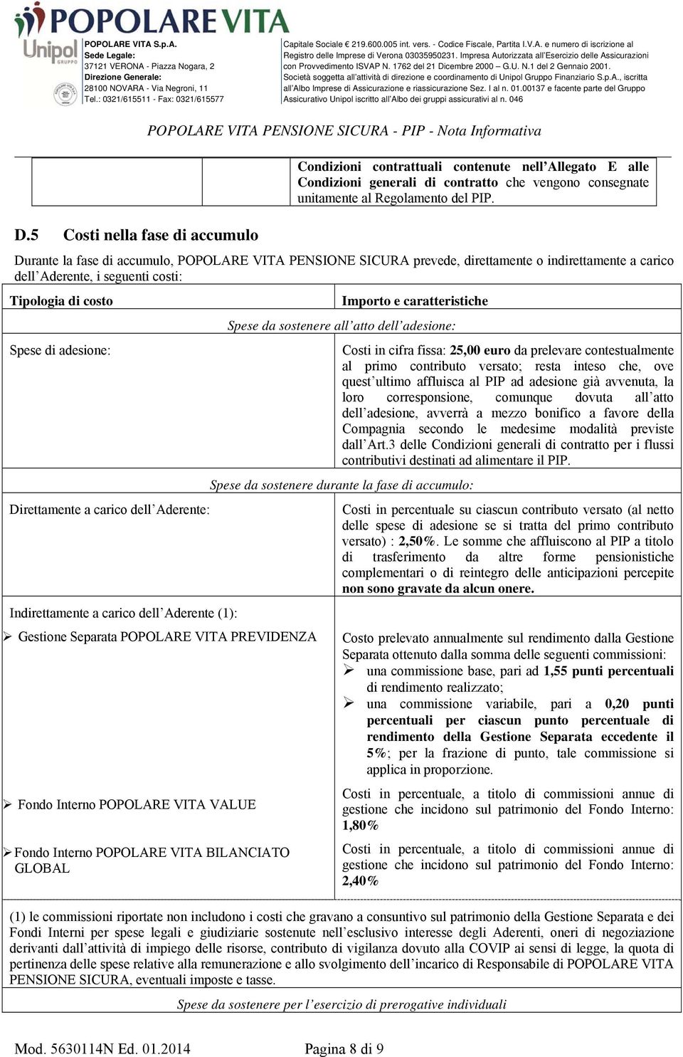 e caratteristiche Spese da sostenere all atto dell adesione: Spese di adesione: Costi in cifra fissa: 25,00 euro da prelevare contestualmente al primo contributo versato; resta inteso che, ove quest