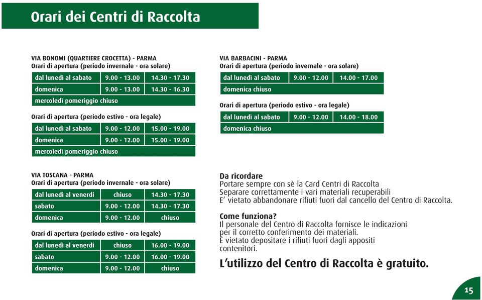 00 domenica 9.00-12.00 15.00-19.00 mercoledì pomeriggio chiuso VIA BARBACINI - PARMA Orari di apertura (periodo invernale - ora solare) dal lunedì al sabato 9.00-12.00 14.00-17.