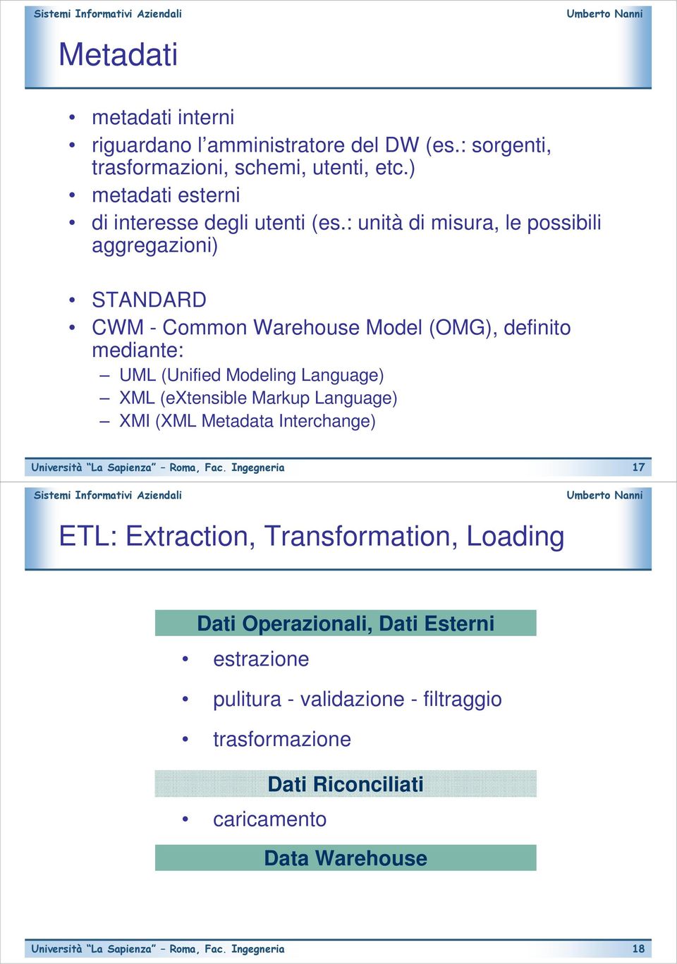 : unità di misura, le possibili aggregazioni) STANDARD CWM - Common Warehouse Model (OMG), definito mediante: UML (Unified Modeling