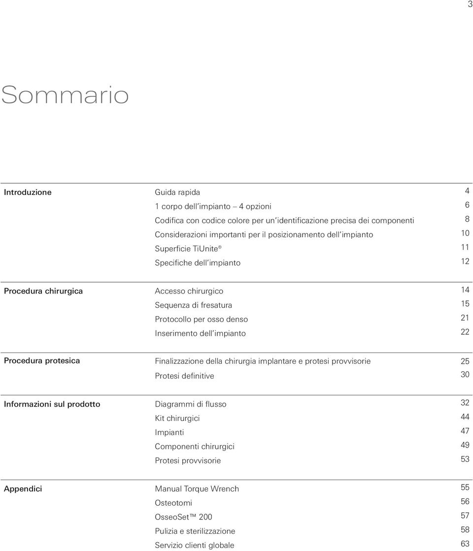 Inserimento dell impianto 22 Procedura protesica Finalizzazione della chirurgia implantare e protesi provvisorie 25 Protesi definitive 30 Informazioni sul prodotto Diagrammi di flusso