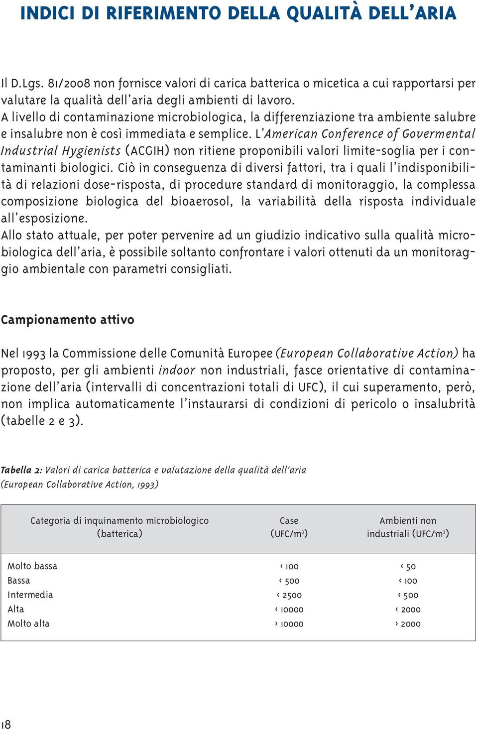 L American Conference of Govermental Industrial Hygienists (ACGIH) non ritiene proponibili valori limite-soglia per i contaminanti biologici.