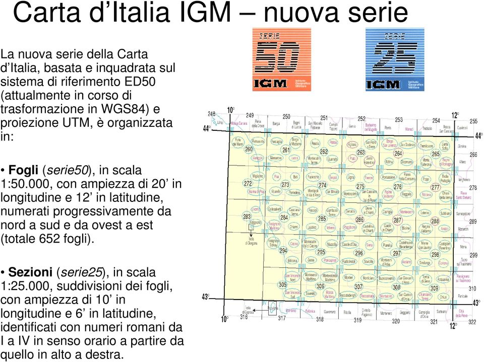 000, con ampiezza di 20 in longitudine e 12 in latitudine, numerati progressivamente da nord a sud e da ovest a est (totale 652 fogli).