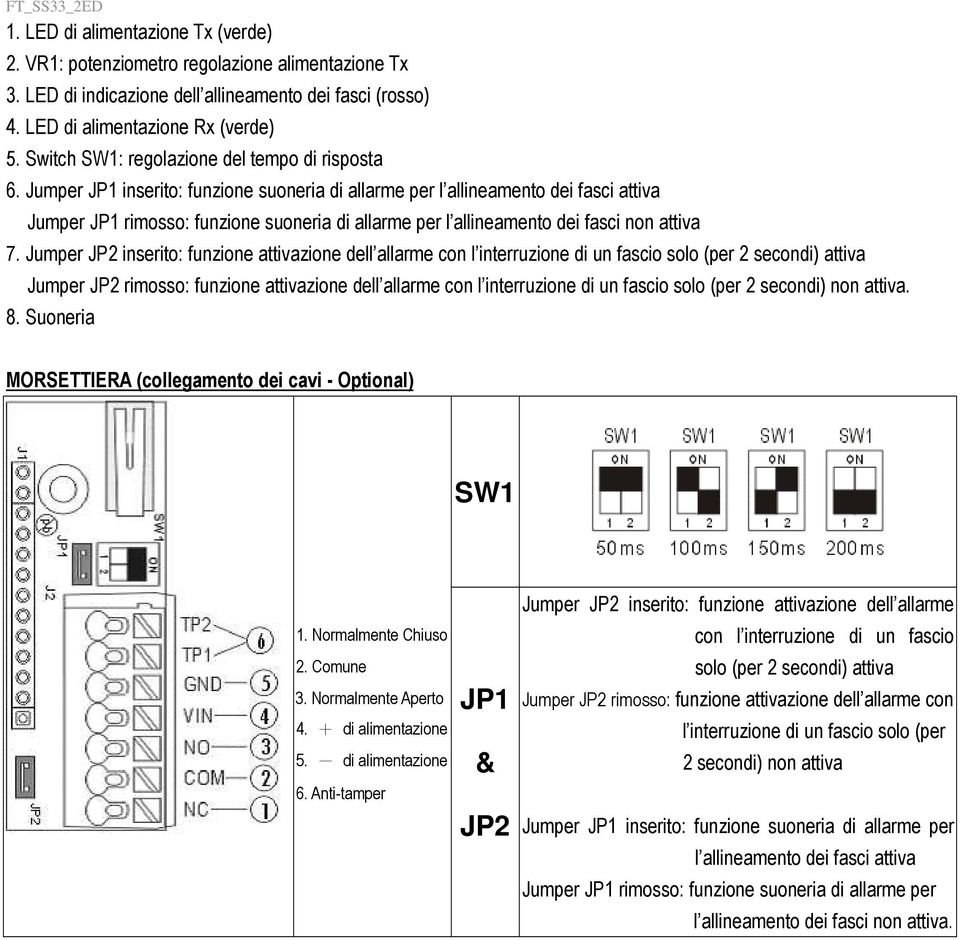 Jumper JP1 inserito: funzione suoneria di allarme per l allineamento dei fasci attiva Jumper JP1 rimosso: funzione suoneria di allarme per l allineamento dei fasci non attiva 7.