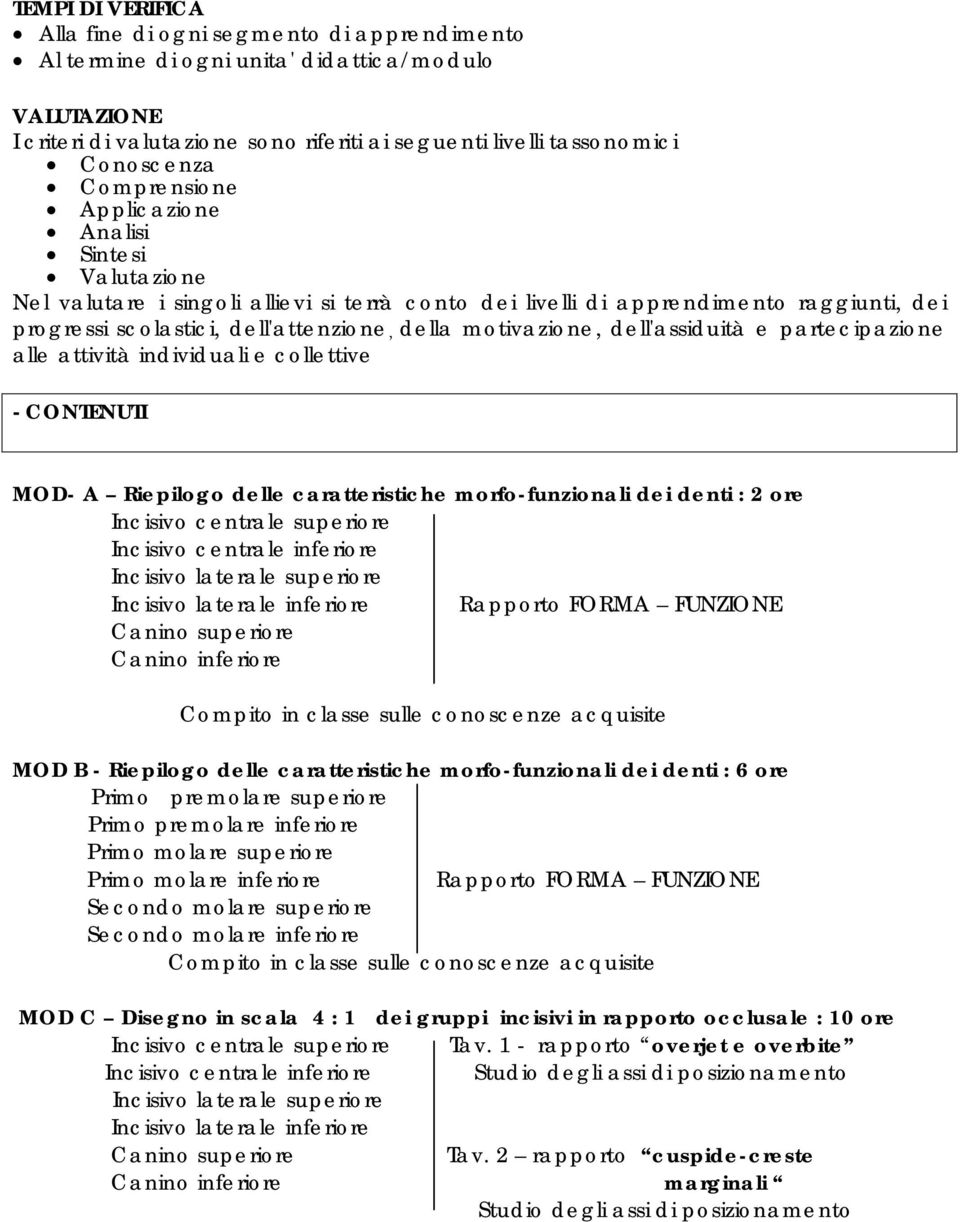 motivazione, dell'assiduità e partecipazione alle attività individuali e collettive - CONTENUTI MOD- A Riepilogo delle caratteristiche morfo-funzionali dei denti : 2 ore Incisivo centrale superiore