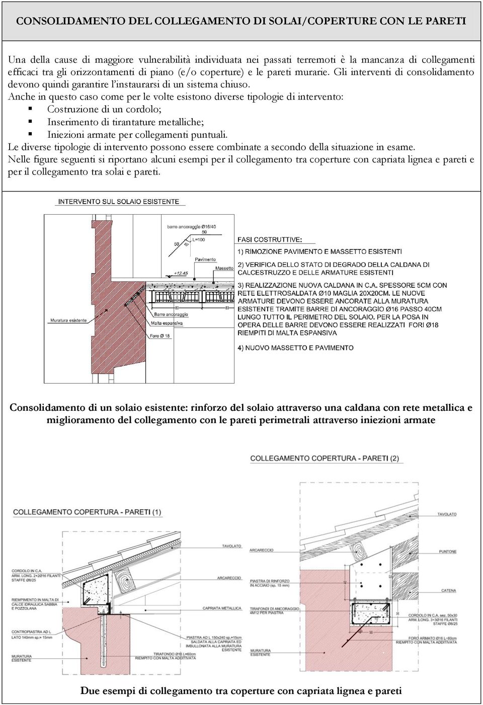 Anche in questo caso come per le volte esistono diverse tipologie di intervento: Costruzione di un cordolo; Inserimento di tirantature metalliche; Iniezioni armate per collegamenti puntuali.