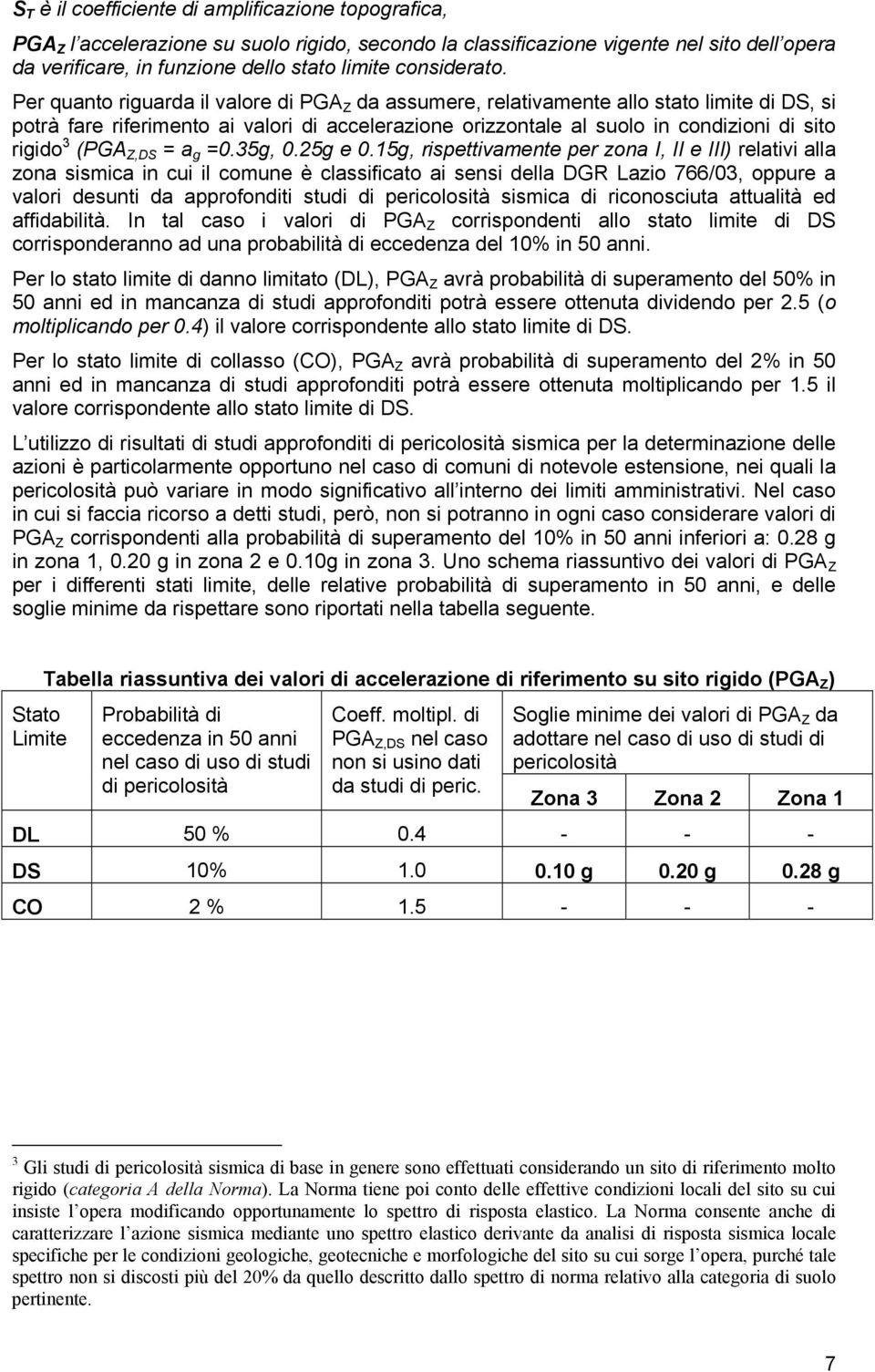 Per quanto riguarda il valore di PGA Z da assumere, relativamente allo stato limite di DS, si potrà fare riferimento ai valori di accelerazione orizzontale al suolo in condizioni di sito rigido 3