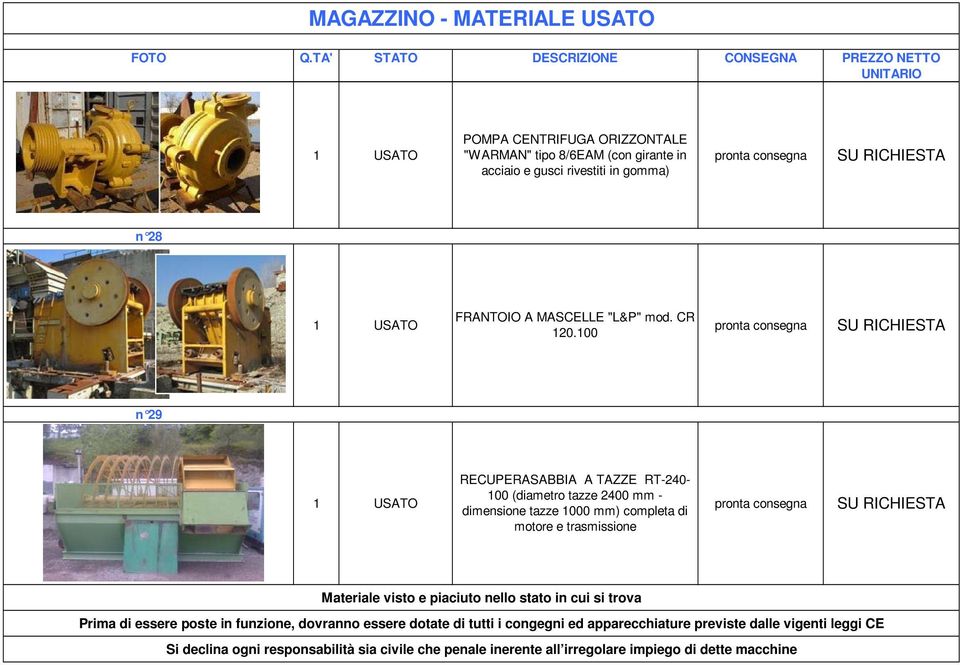 00 n 29 RECUPERASABBIA A TAZZE RT-240-00 (diametro tazze 2400 mm - dimensione tazze 000 mm) completa di motore e trasmissione Materiale visto e