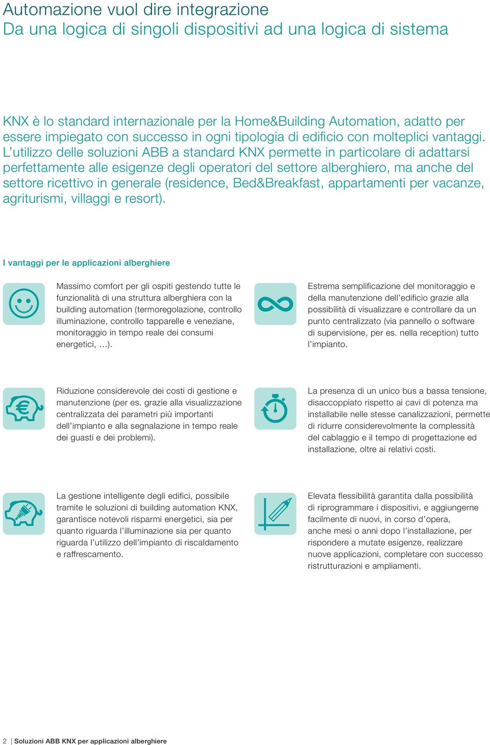 L utilizzo delle soluzioni ABB a standard KNX permette in particolare di adattarsi perfettamente alle esigenze degli operatori del settore alberghiero, ma anche del settore ricettivo in generale