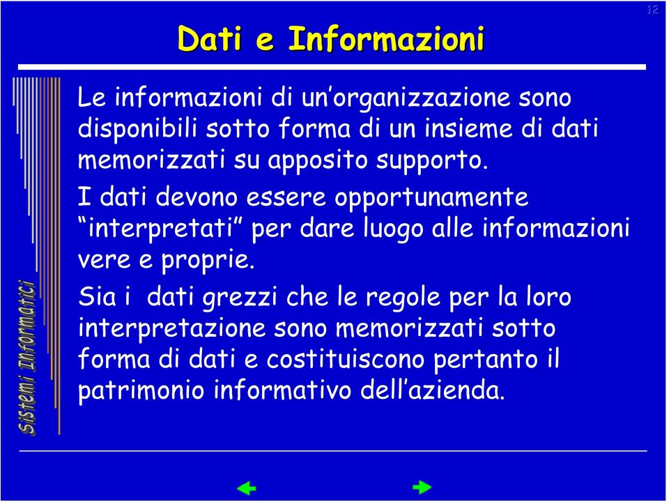 I dati devono essere opportunamente interpretati per dare luogo alle informazioni vere e proprie.