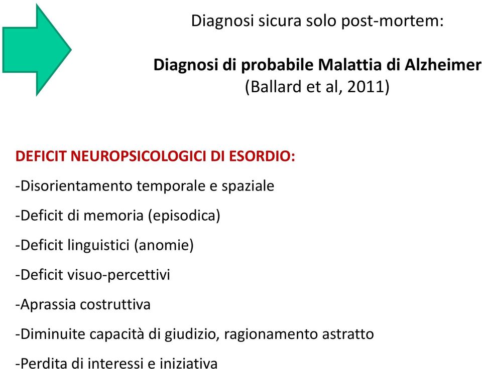 memoria (episodica) -Deficit linguistici (anomie) -Deficit visuo-percettivi -Aprassia