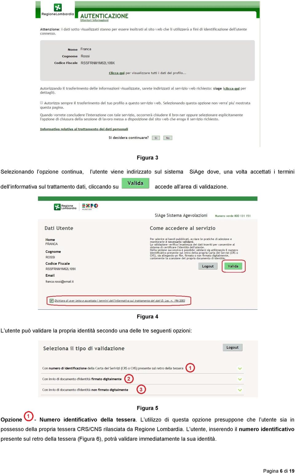 Figura 4 L utente può validare la propria identità secondo una delle tre seguenti opzioni: Figura 5 Opzione - Numero identificativo della tessera.