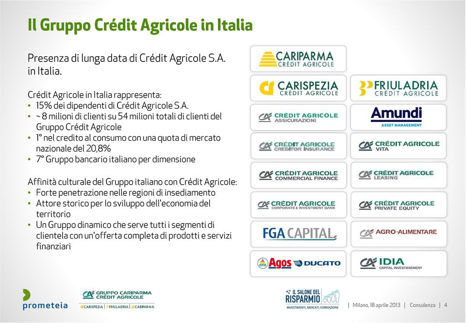 italiano per dimensione Affinità culturale del Gruppo italiano con Crédit Agricole: Forte penetrazione nelle regioni di insediamento Attore storico per lo sviluppo