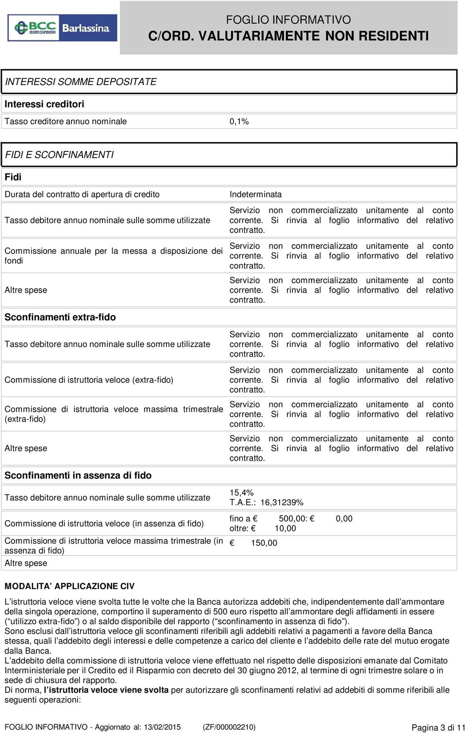 veloce (extra-fido) Commissione di istruttoria veloce massima trimestrale (extra-fido) Altre spese Sconfinamenti in assenza di fido Tasso debitore annuo nominale sulle somme utilizzate Commissione di