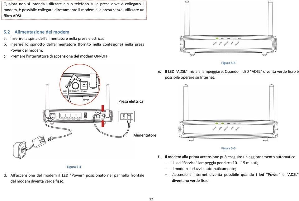 Premere l interruttore di accensione del modem ON/OFF Figura 5-5 e. Il LED ADSL inizia a lampeggiare. Quando il LED ADSL diventa verde fisso è possibile operare su Internet.