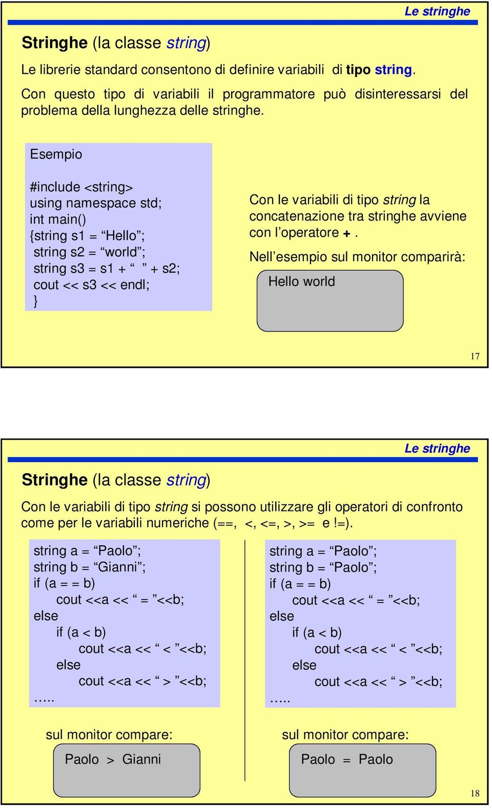 Esempio #include <string> using namespace std; int main() {string s1 = Hello ; string s2 = world ; string s3 = s1 + + s2; cout << s3 << endl; } Con le variabili di tipo string la concatenazione tra