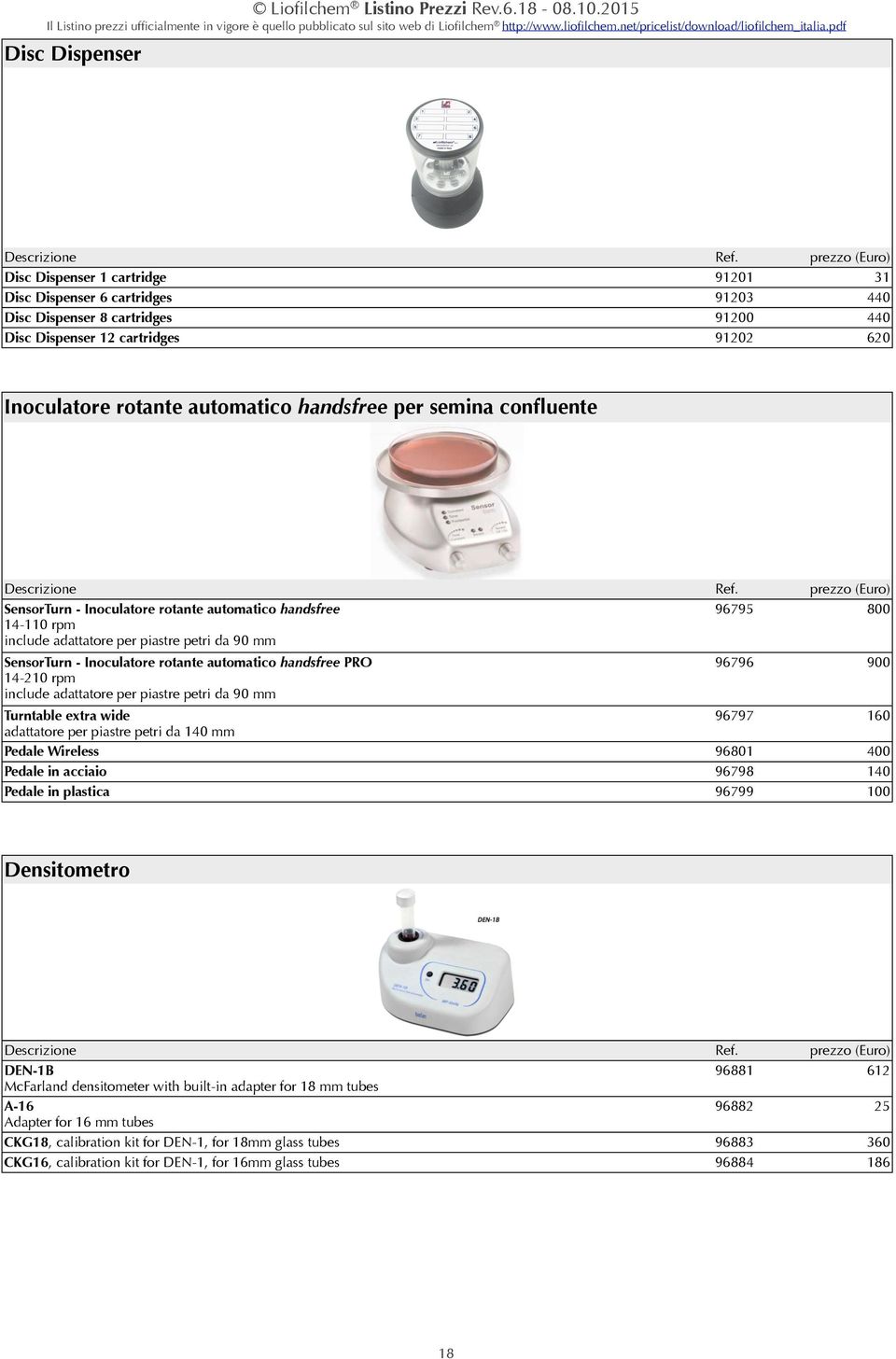 91201 91203 91200 91202 prezzo (Euro) 31 440 440 620 Descrizione SensorTurn - Inoculatore rotante automatico handsfree 14-110 rpm include adattatore per piastre petri da 90 mm Ref.