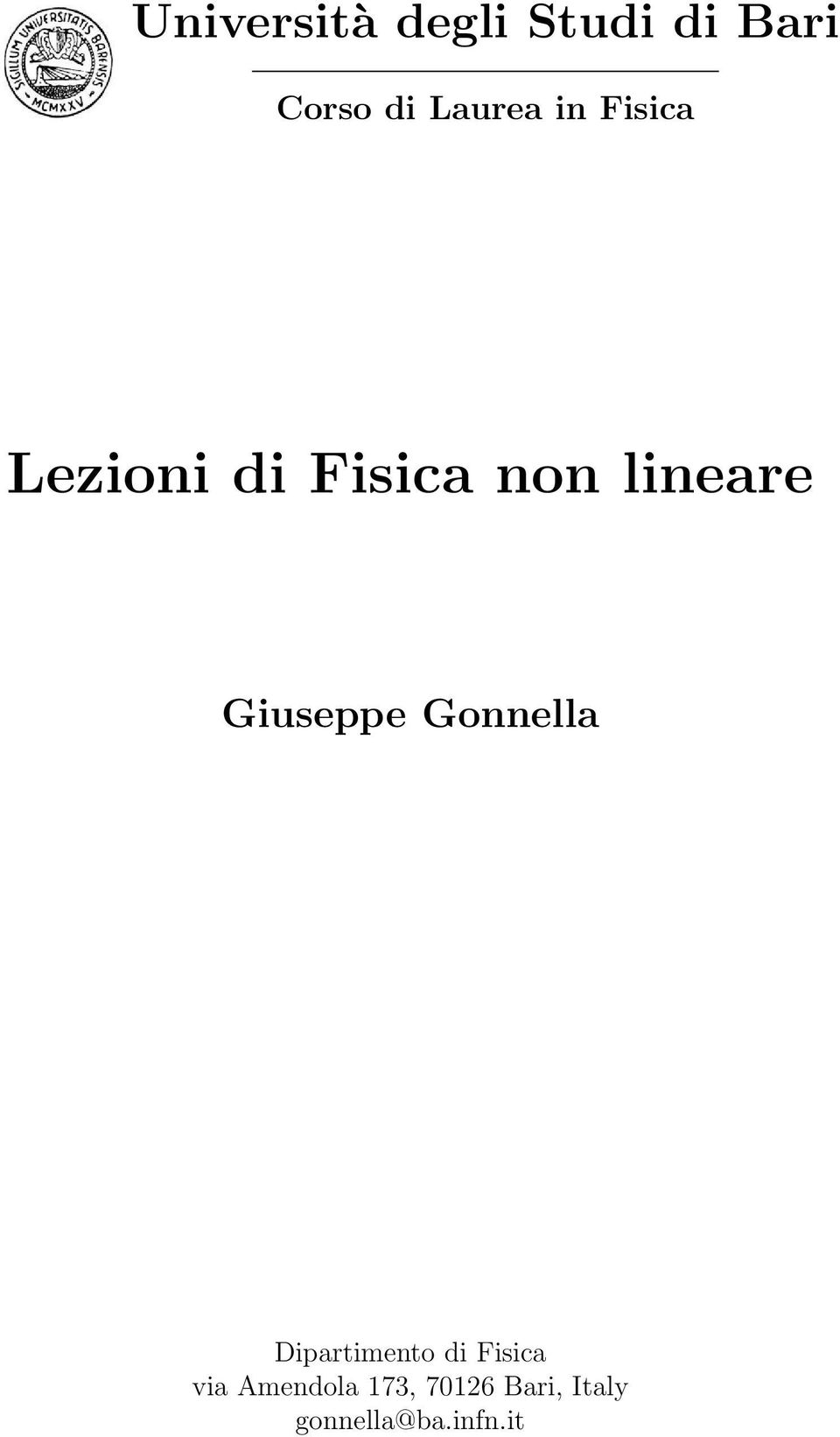 lineare Giuseppe Gonnella Dipartimento di