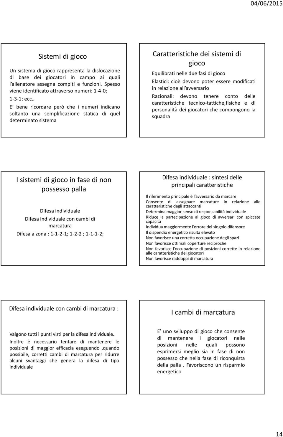 . E bene ricordare però che i numeri indicano soltanto una semplificazione statica di quel determinato sistema Caratteristiche dei sistemi di gioco Equilibrati nelle due fasi di gioco Elastici: cioè