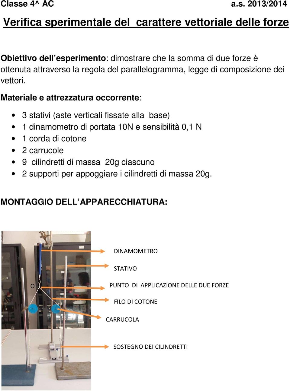 Materiale e attrezzatura occorrente: 3 stativi (aste verticali fissate alla base) 1 dinamometro di portata 10N e sensibilità 0,1 N 1 corda di cotone 2