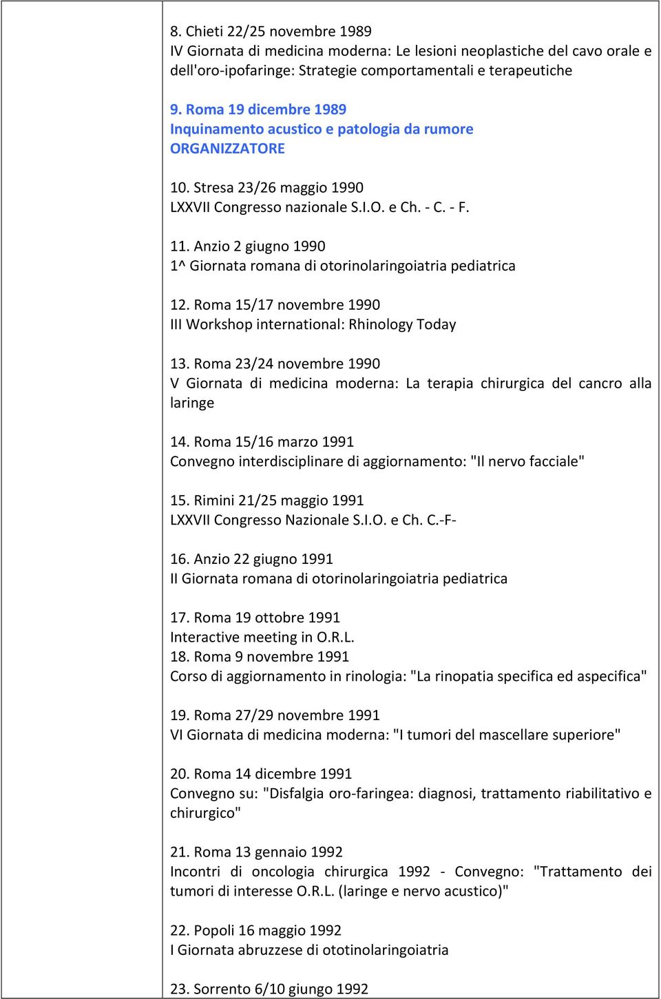 Anzio 2 giugno 1990 1^ Giornata romana di otorinolaringoiatria pediatrica 12. Roma 15/17 novembre 1990 III Workshop international: Rhinology Today 13.