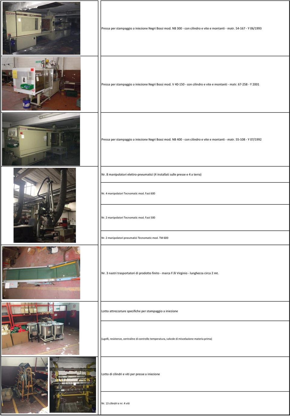 8 manipolatori elettro-pneumatici (4 installati sulle presse e 4 a terra) Nr. 4 manipolatori Tecnomatic mod. Fast 600 Nr. 2 manipolatori Tecnomatic mod. Fast 500 Nr.