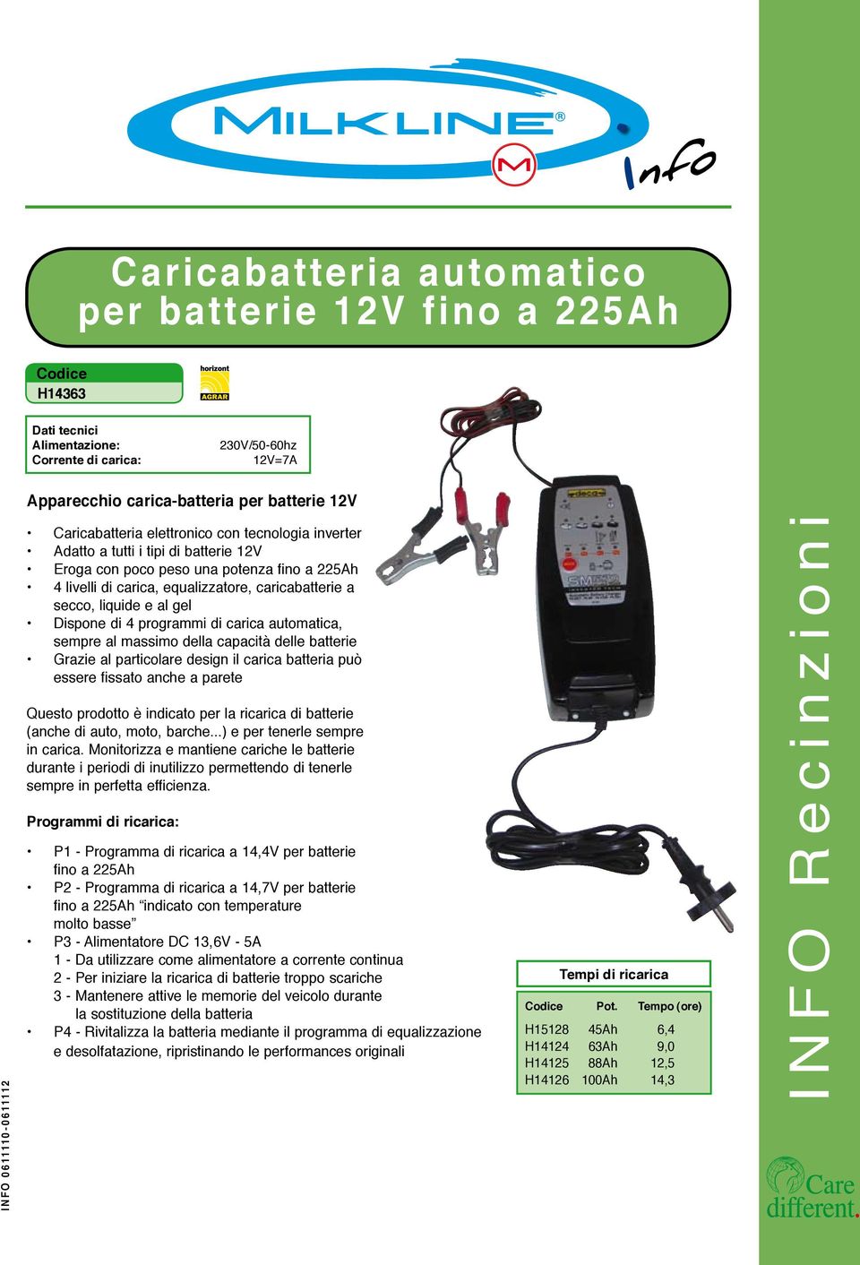 liquide e al gel Dispone di 4 programmi di carica automatica, sempre al massimo della capacità delle batterie Grazie al particolare design il carica batteria può essere fissato anche a parete Questo