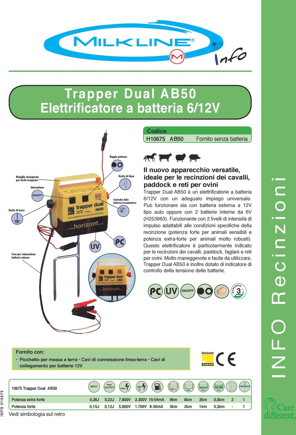 apparecchio versatile, ideale per le recinzioni dei cavalli, paddock e reti per ovini Trapper Dual AB50 è un elettrificatorie a batteria 6/12V con un adeguato impiego universale.