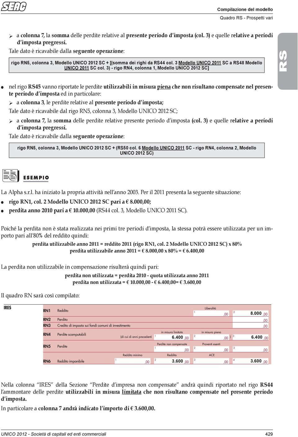 ) - rigo RN, colonna, Modello UNICO 0 SC] nel rigo vanno riportate le perdite utilizzabili in misura piena che non risultano compensate nel presente a colonna, le perdite relative al presente periodo