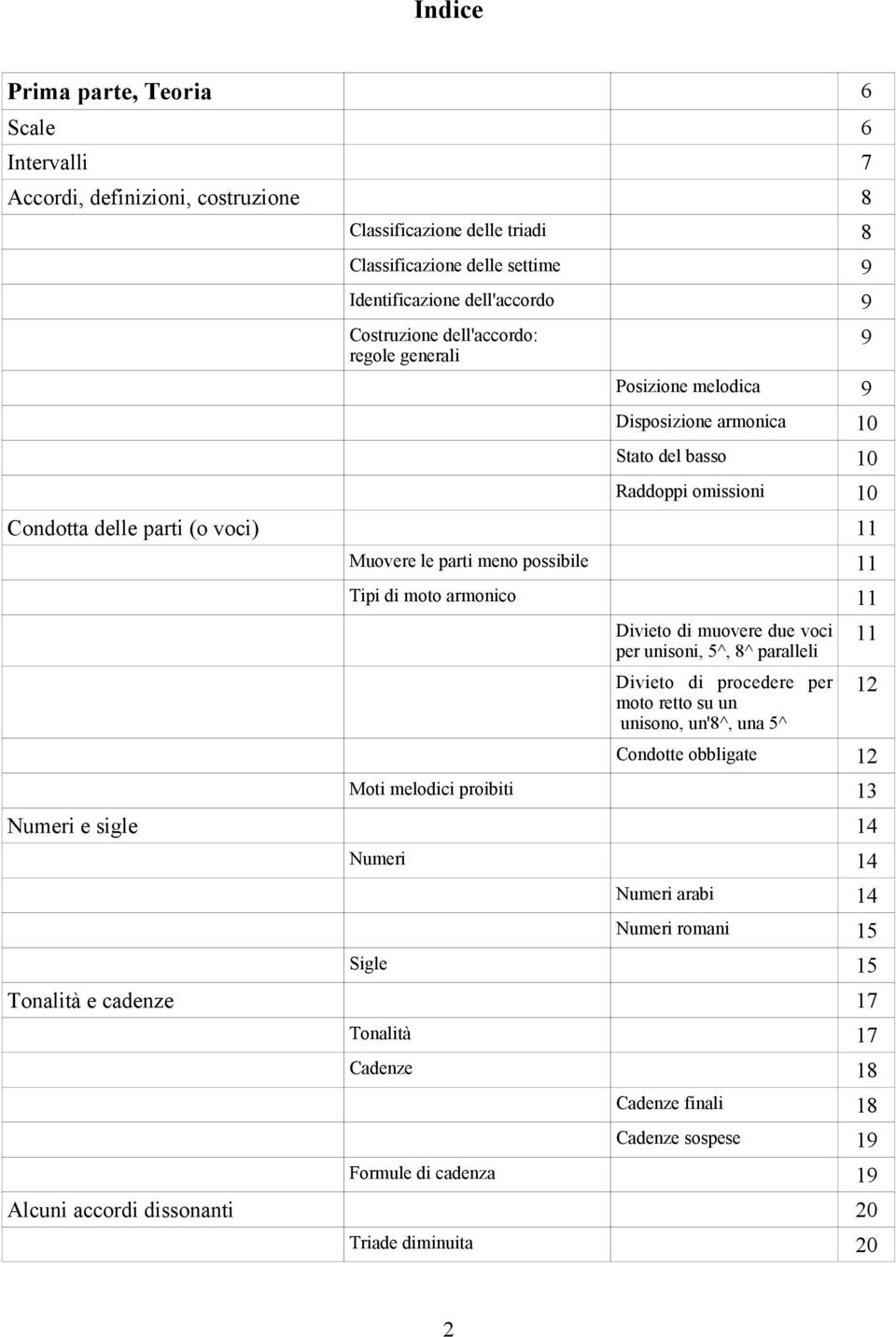 armonico 11 Divieto di muovere due voci per unisoni, 5^, 8^ paralleli 11 Divieto di procedere per moto retto su un unisono, un'8^, una 5^ 12 Condotte obbligate 12 Moti melodici proibiti 13 Numeri e