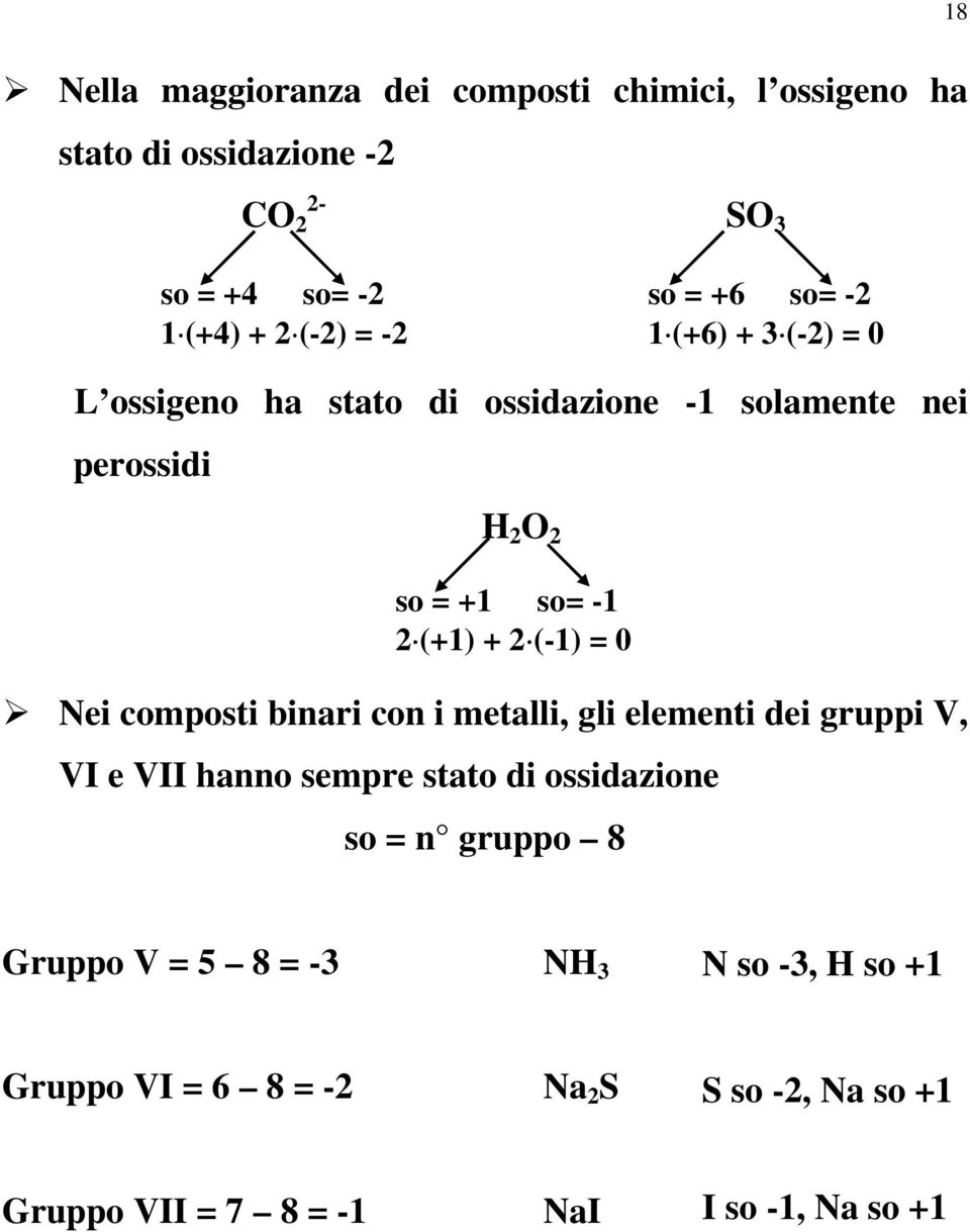 (-1) = 0 Nei composti binari con i metalli, gli elementi dei gruppi V, VI e VII hanno sempre stato di ossidazione so = n gruppo 8