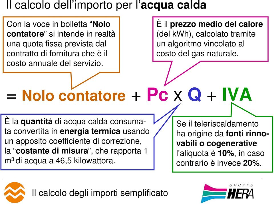 = Nolo contatore + Pc x Q + IVA È la quantità di acqua calda consumata convertita in energia termica usando un apposito coefficiente di correzione, la costante di