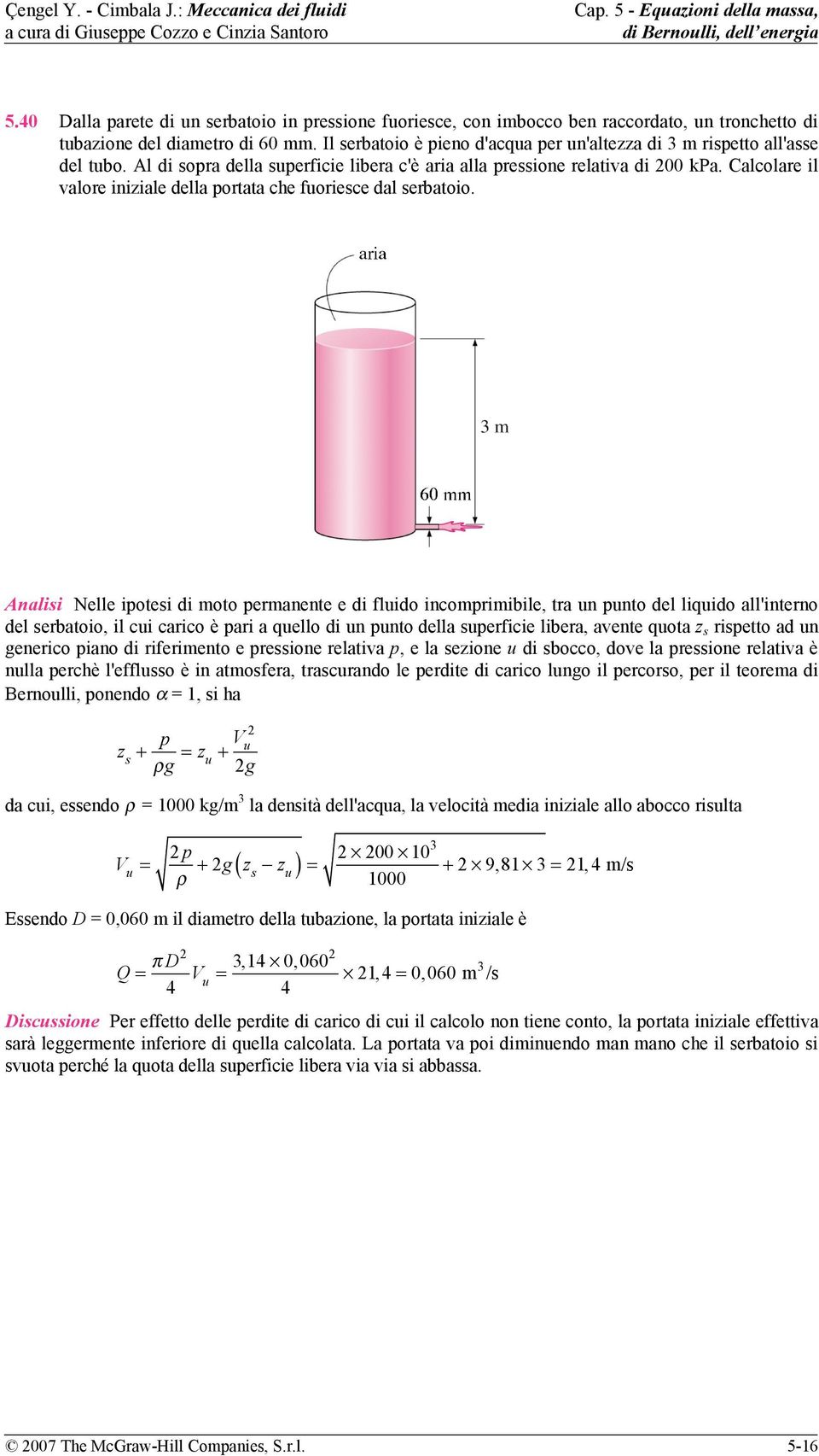 Calcolare il valore iniziale della portata che fuoriesce dal serbatoio.